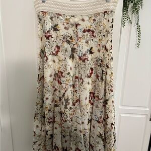 Lapis Pink and Red A-Line Midi Skirt with Smocked Pleats